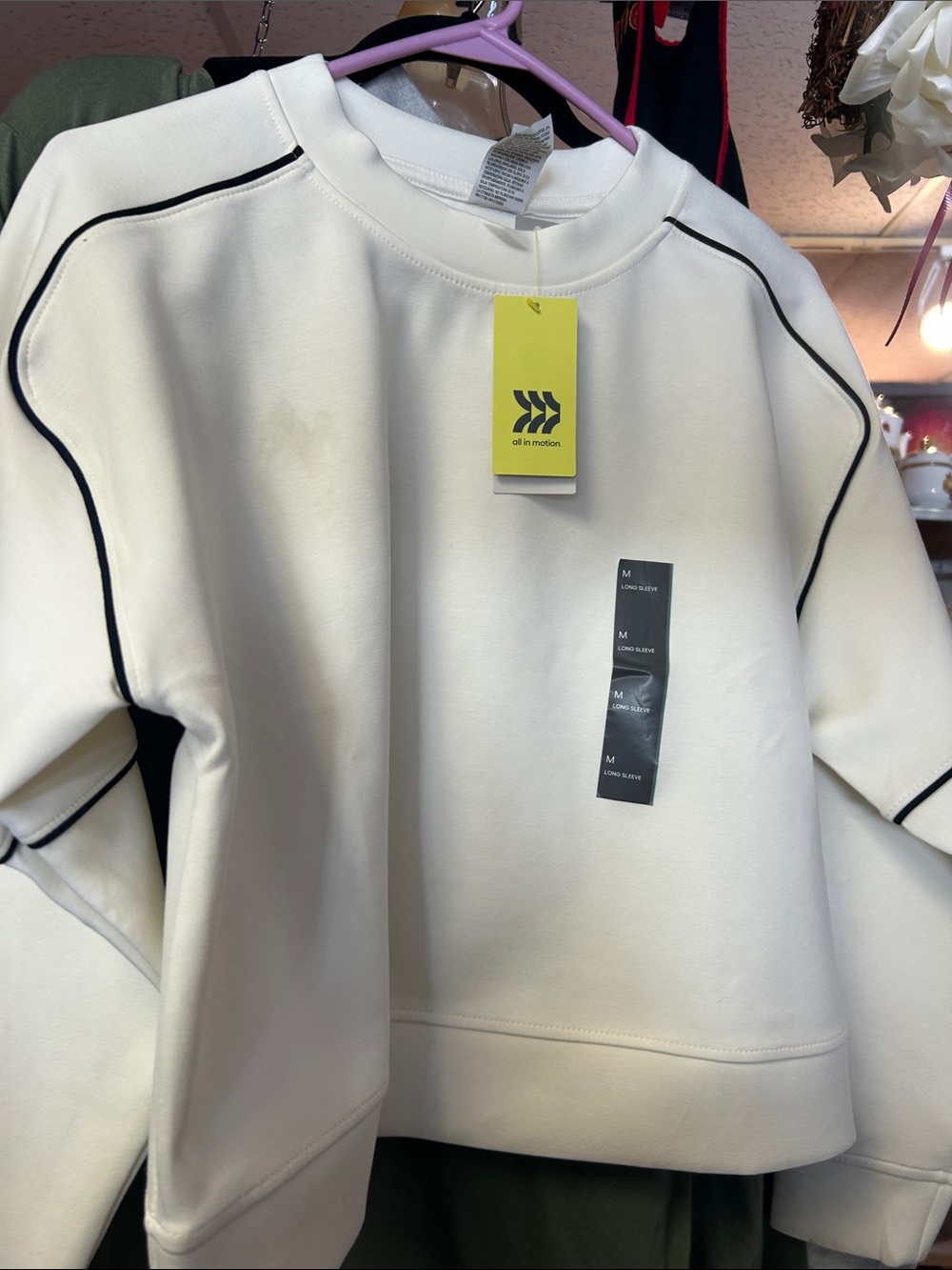 all in motion Men's White Crewneck Sweater with Black Piping